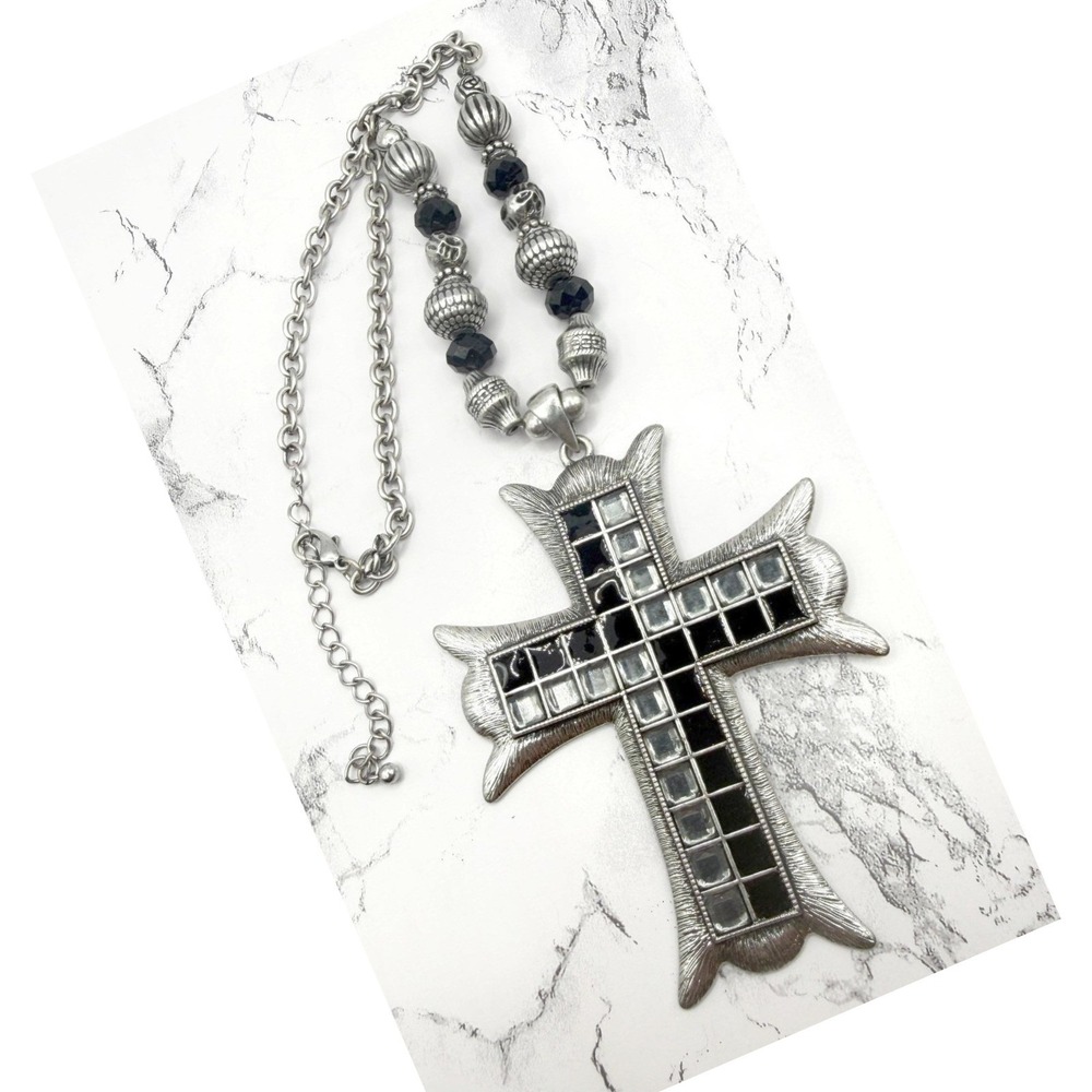 Large Cross Pendant Necklace Silver Tone Black Stone Gothic Statement